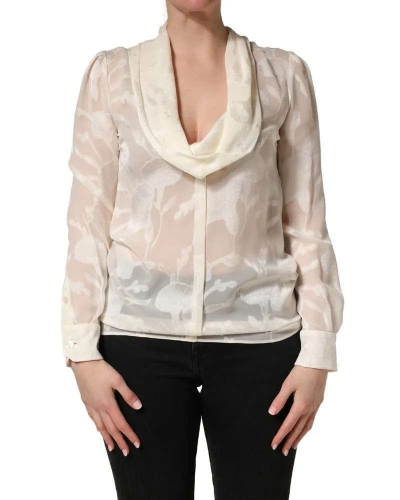Dolce & Gabbana Women Off White Floral Semi Sheer Silk Blouse Top White
