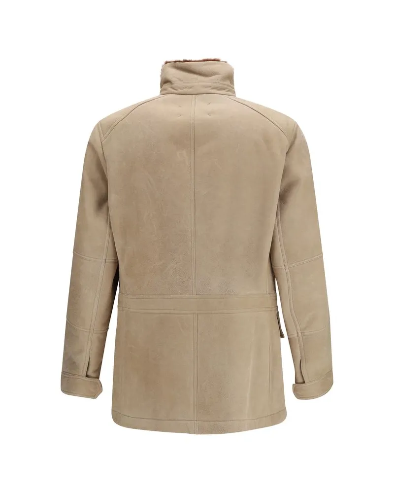 Brunello Cucinelli Waxed Shearling Jacket — Beige Beige