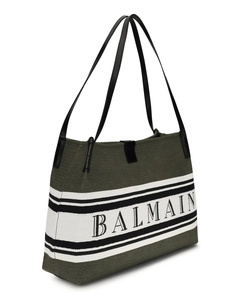 Balmain Women's Tote Bag Release Canvas-Leather Dark Olive-Black-White Cotton Handbags Olive/black/white Hand Green