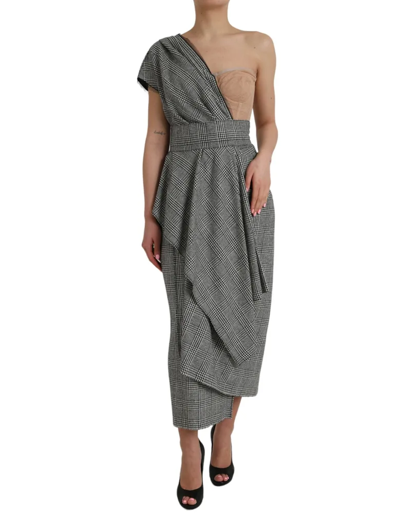 Dolce & Gabbana Women's Gray Beige Layered One Shoulder Maxi Dress Gray