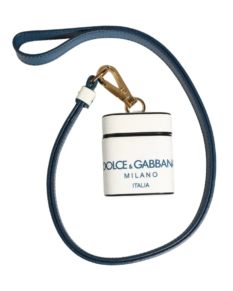 Dolce & Gabbana Women's White Calf Leather Logo Flip Holder Strap Airpods Case Accessory White