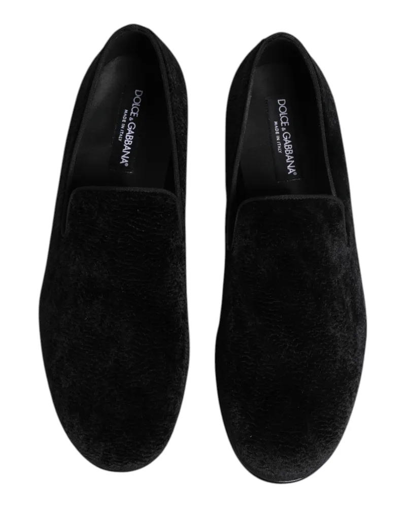 Dolce & Gabbana Black Jacquard Loafers Formal Men Dress Shoes Velvet Black