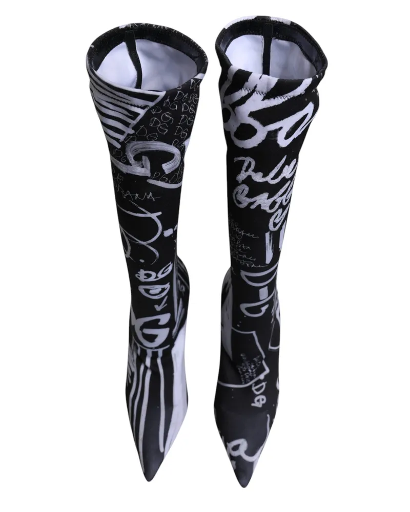 Dolce & Gabbana Women's Black Logo Stretch Heels High Boots Shoes And White Polyester Elastane (stretch Black