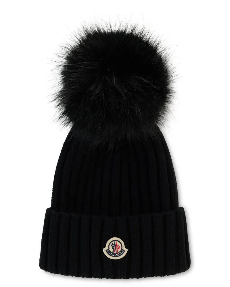 Moncler L20933B00039 Ribbed Knit with Faux Fur Pom-Pom Beanie — Black Black