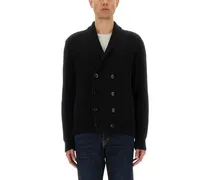 Wool-Silk Blend Double-Breasted Cardigan — Black
