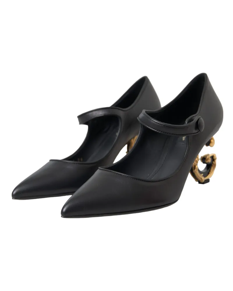 Dolce & Gabbana Women's Black Leather Logo Heels Mary Janes Pumps Shoes Lamb Black