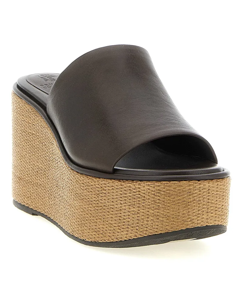 Brunello Cucinelli Leather and Raffia Platform Wedge — Brown Brown