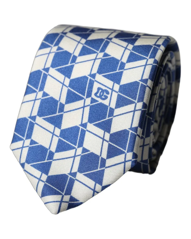 Dolce & Gabbana Blue White Geometric Silk Adjustable Men Tied Necktie Tie Blue