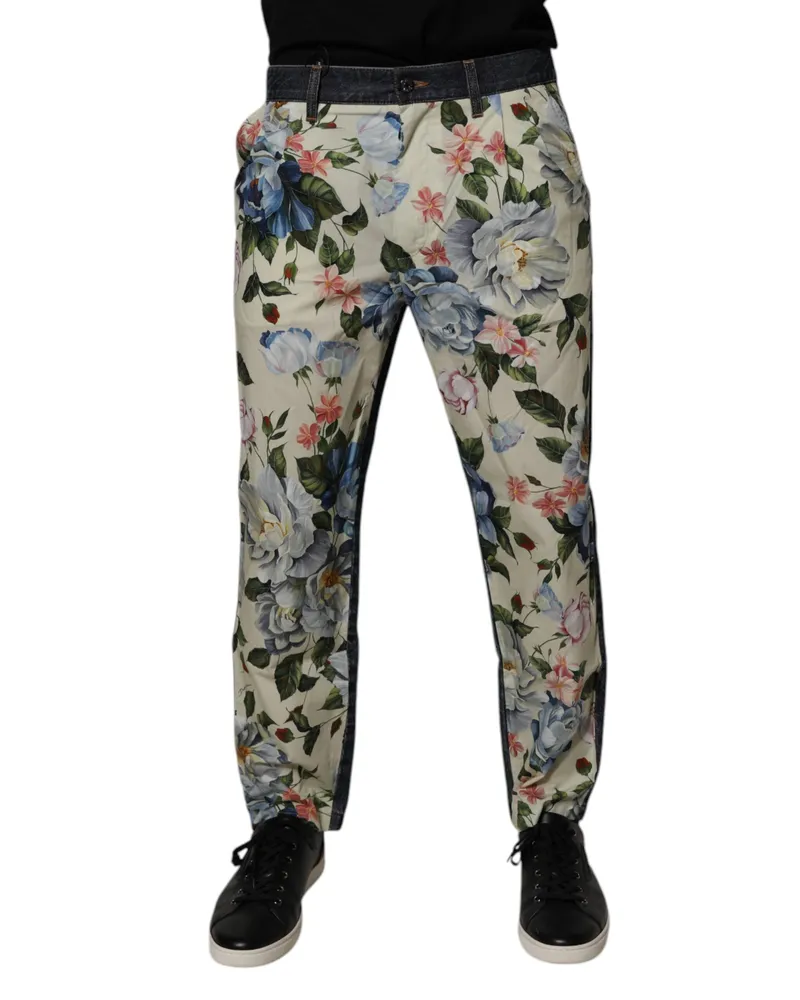 Dolce & Gabbana Beige Blue Floral Cotton Men Denim Jeans Clothing Beige