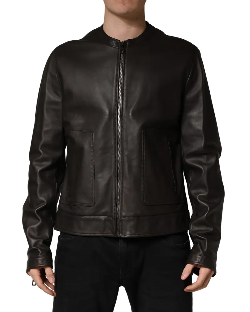 Dolce & Gabbana Men's Black Lambskinleather Full Zip Biker Jacket Leather Clothing Black