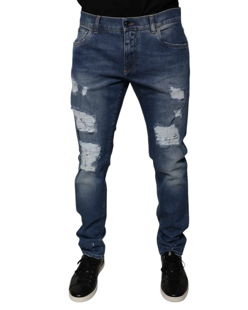 Dolce & Gabbana Men's Blue Cotton Tattered Skinny Denim Jeans Elastane Clothing Blue