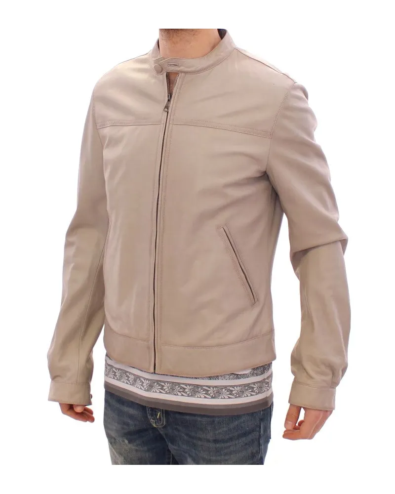 Dolce & Gabbana Men's Beige Leather Jacket Biker Coat Lambskin Clothing Beige