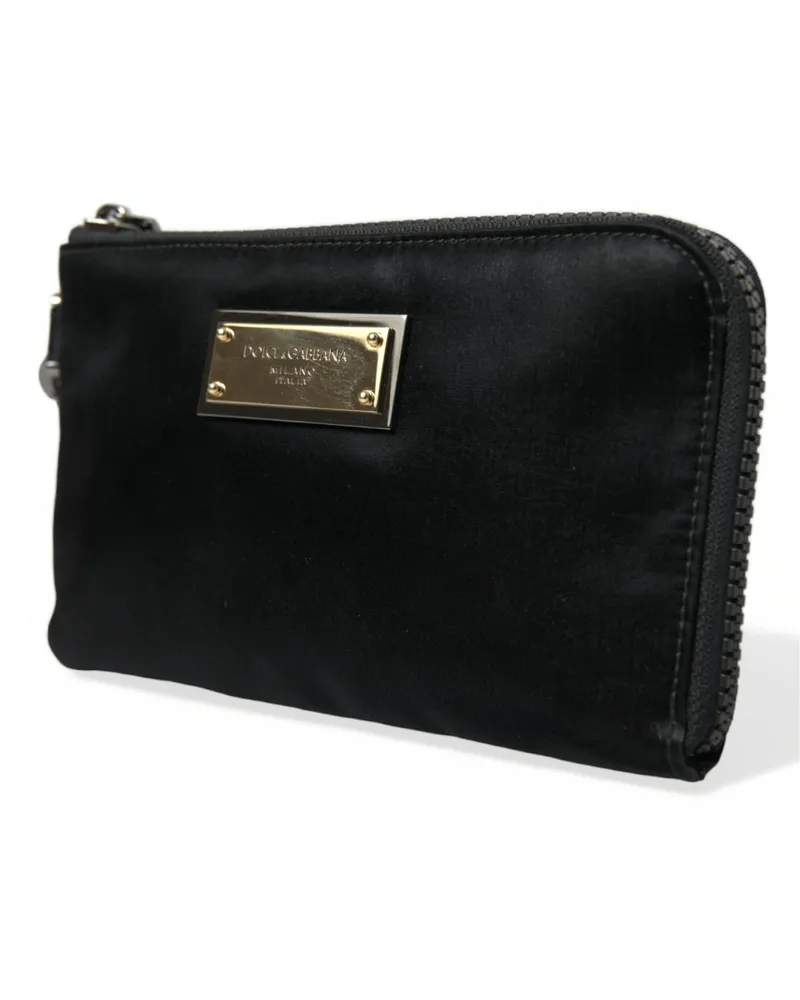 Dolce & Gabbana Women's Nylon And Calfskin With Logo Plaque Clutch Black Leather Black