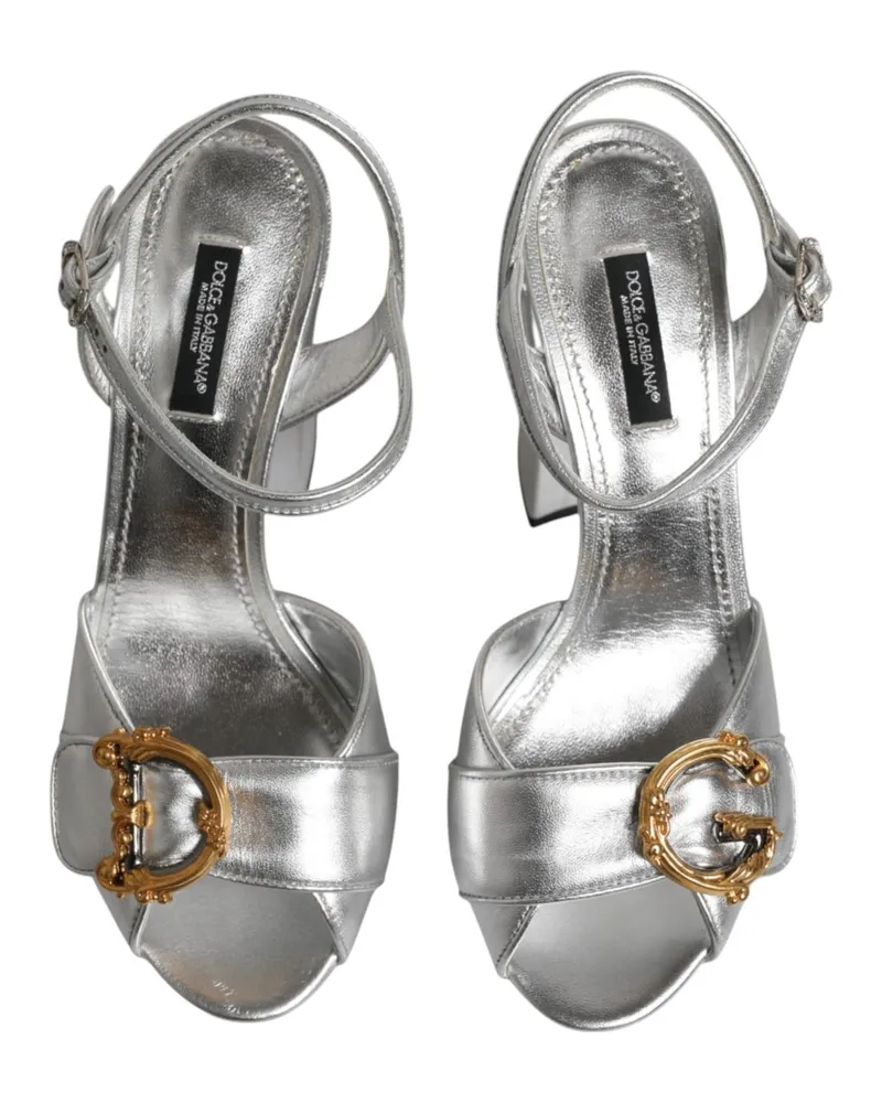 Dolce & Gabbana Women's Silver Logo Ankle Strap Heels Sandals Shoes Leather Silver