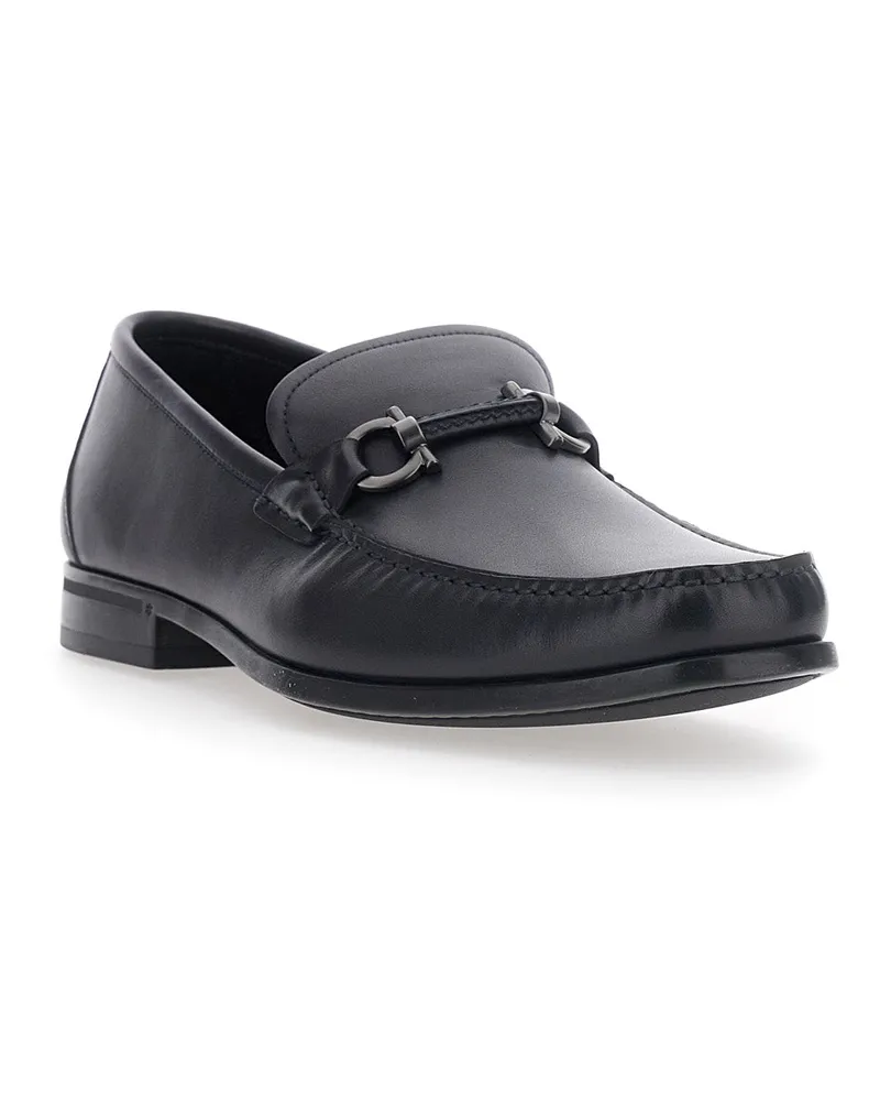 Ferragamo Men's Loafers With Gancini Detail, Blue Leather Calfskin Blue