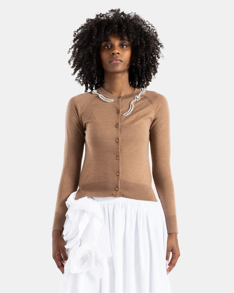 Simone Rocha Women Chestnut Merino And Silk Cardigan With Embellishments Brown Sweater Brown
