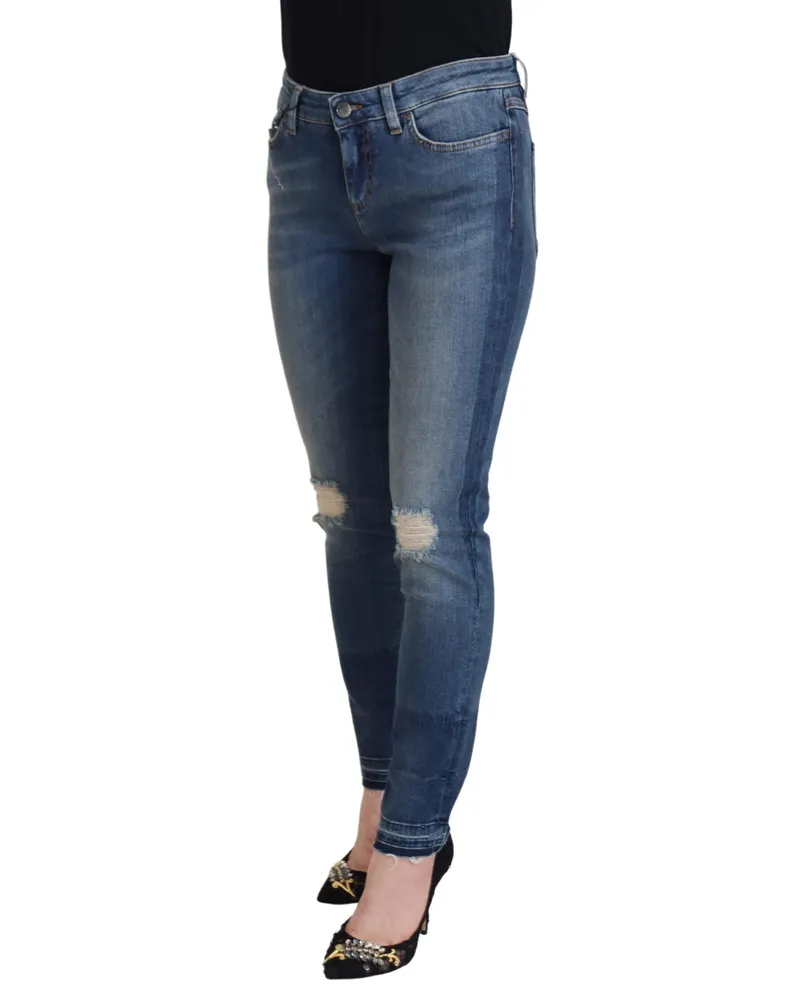 Dolce & Gabbana Women Blue Washed Cotton Tattered Denim Jeans Elastane Clothing Blue