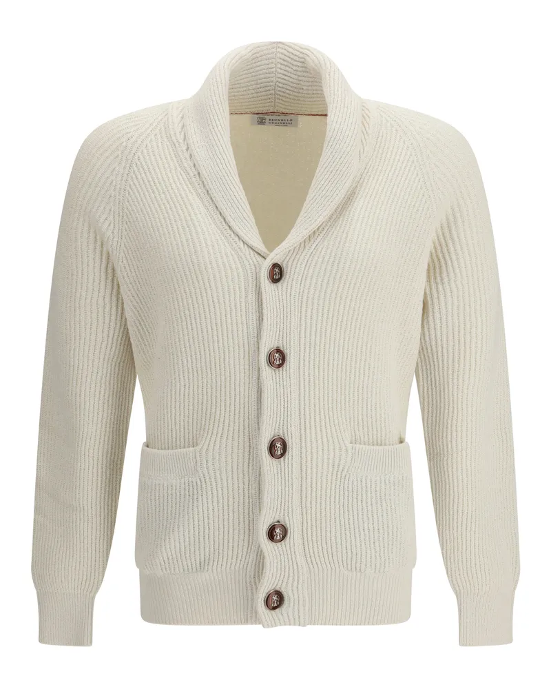 Brunello Cucinelli Men's Cardigan Ribbed Cotton Panama Sweater Beige