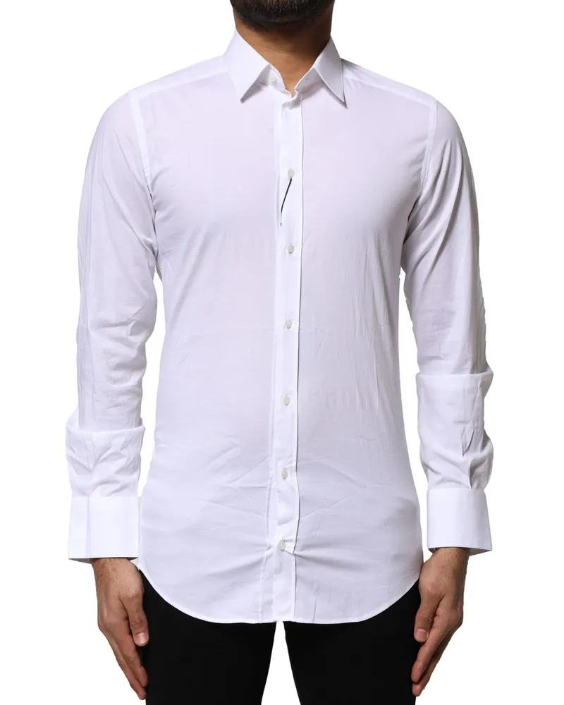 Dolce & Gabbana Men's White Cotton Gold Long Sleeves Dress Shirt Spandex White