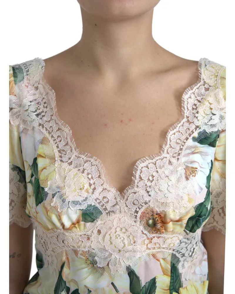 Dolce & Gabbana Women's Multicolor Floral Lace V Neck Blouse Silk Multicolor