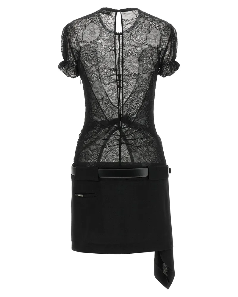 ATTICO Lace Mini with Integrated Belt Dress — Black Black