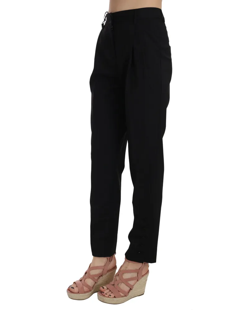 Dolce & Gabbana Women's Black Button Pleated Tapered Trouser Pants Virgin Wool Elastane Black