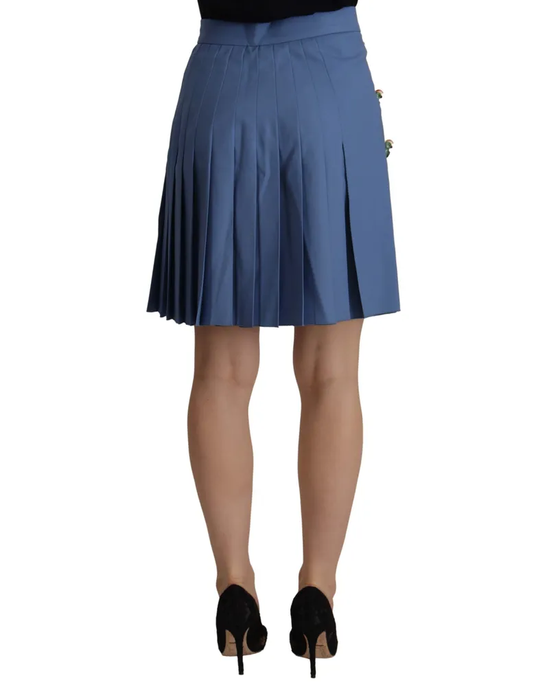 Dolce & Gabbana Women's Blue Embellished Pleated Mini Skirt Wool Virgin Blue