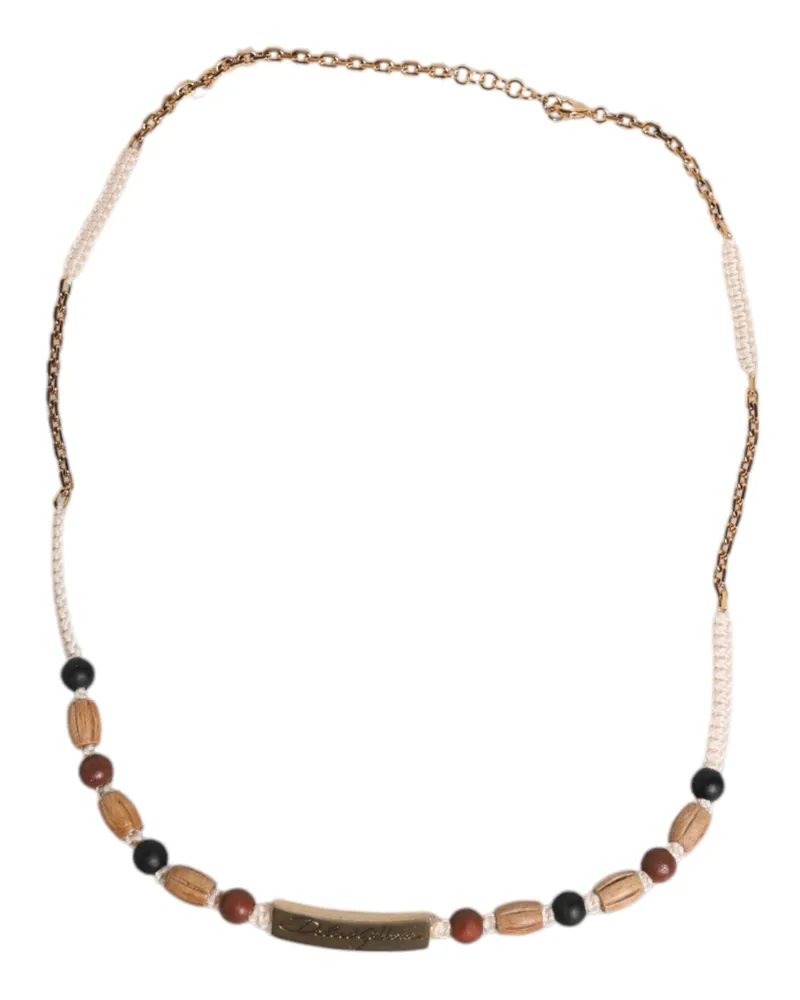 Dolce & Gabbana Men's Black Gold Wooden Beaded Logo Pendant Necklace Wood Gold