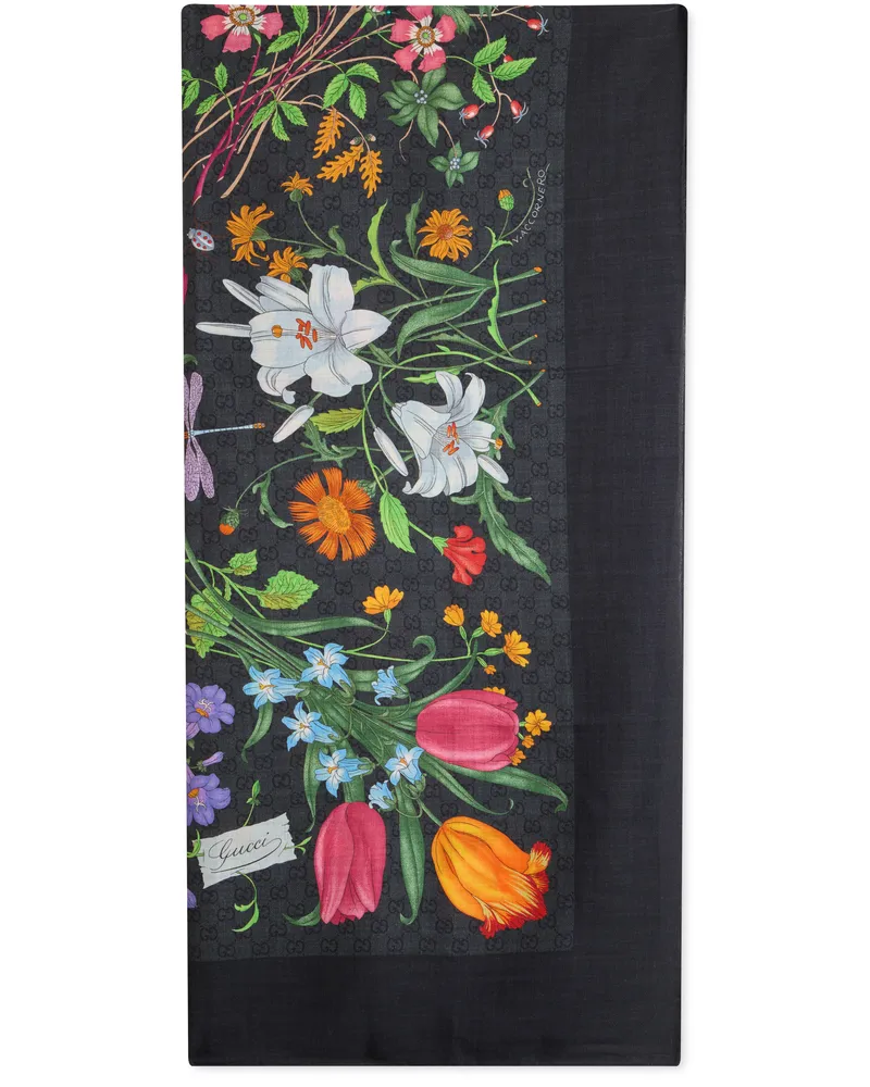 Gucci Women's Scarf, Printed Silk-Wool, Black Scarfs Black