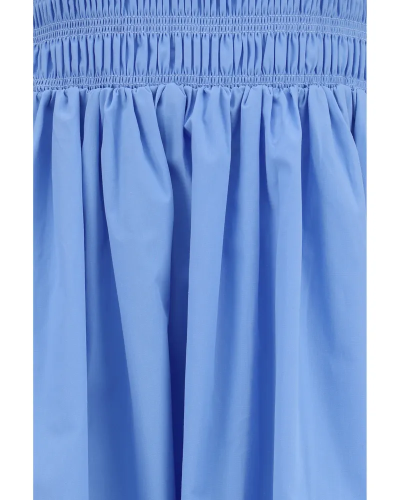 Ganni Ruched Poplin Cotton Dress — Blue 
