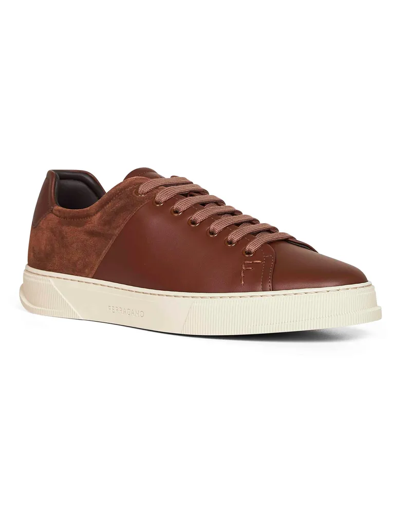 Ferragamo Men's Brown Leather And Suede Low-Top Sneakers Furs & Skins->bos Taurus Trainers Brown