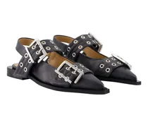 Women's Buckle-Strapped Leather Flat Gray