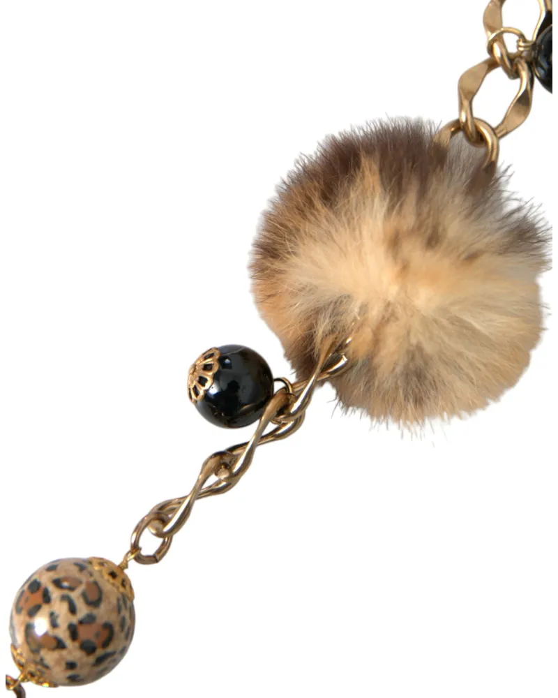 Dolce & Gabbana Women's Gold Brass Leopard Fur Pearl Collier Chain Belt Black Gold