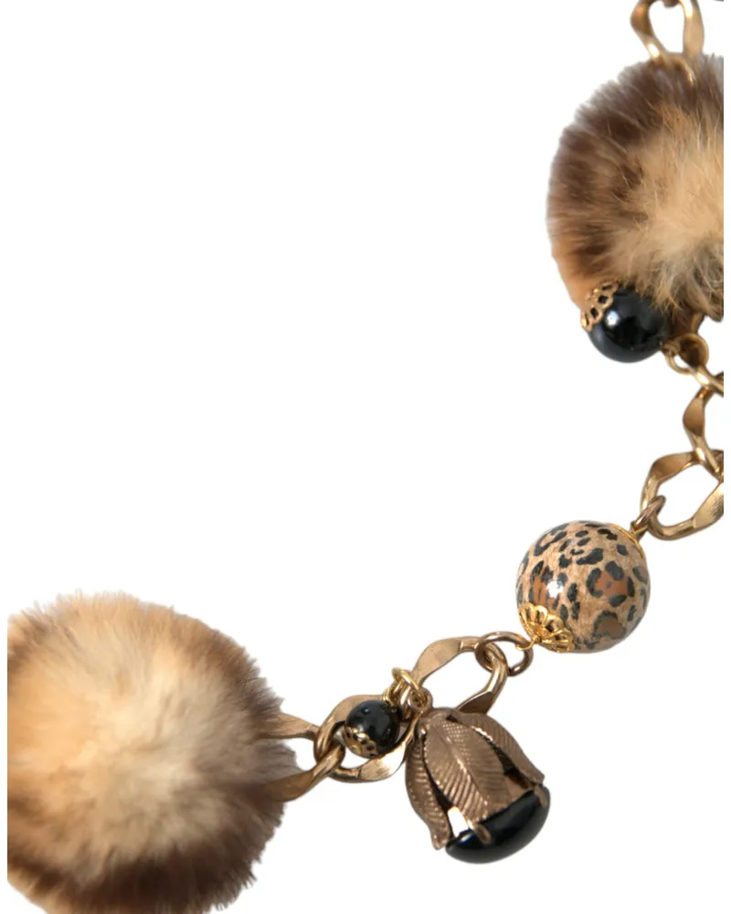 Dolce & Gabbana Women's Gold Brass Leopard Fur Pearl Collier Chain Belt Black Gold