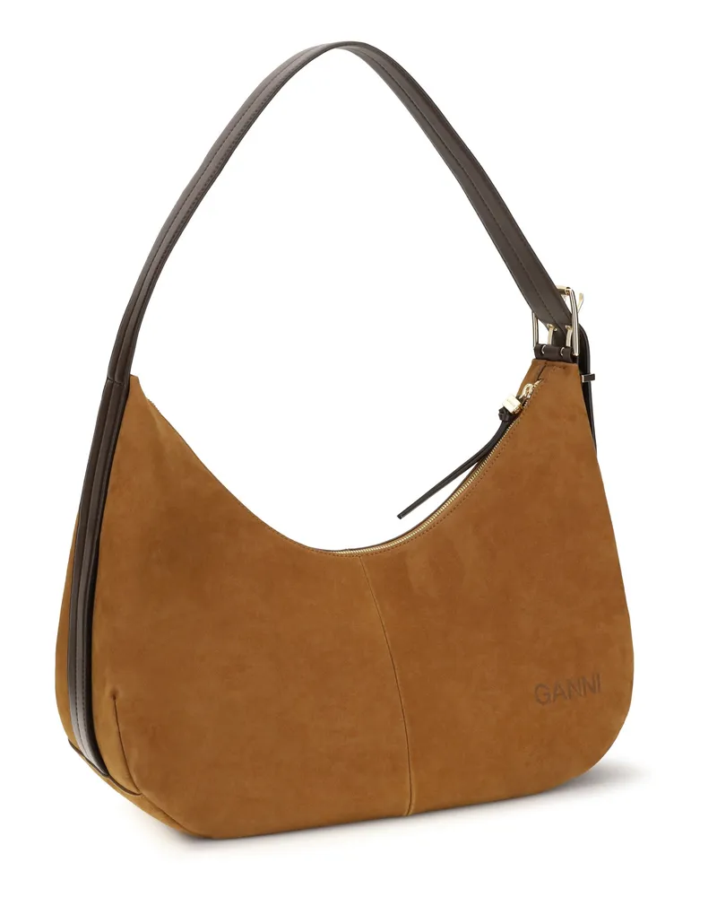 Ganni Women's Shoulder Bag Vegan Suede Caramel Cafe Recycled Polyester Caramel