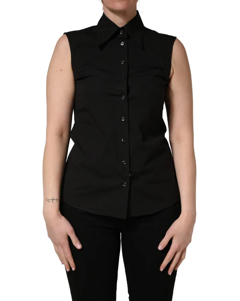 Dolce & Gabbana Women Black Cotton Sleeveless Collared Blouse Top Black