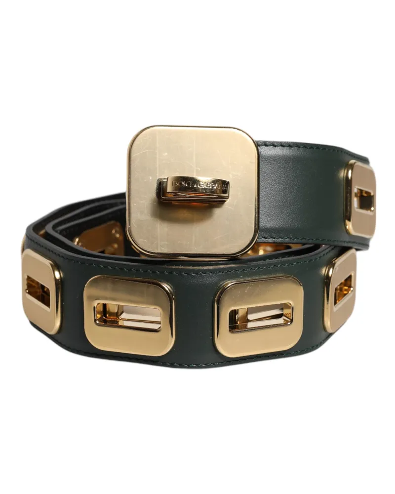 Dolce & Gabbana Women's Green Leather Gold Tone Rotating Buckle Belt Green