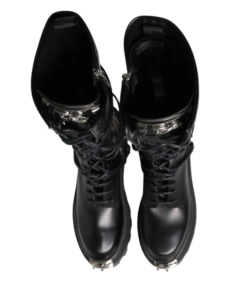 Dolce & Gabbana Men's Black Leather Knee High Combat Boots Shoes Black