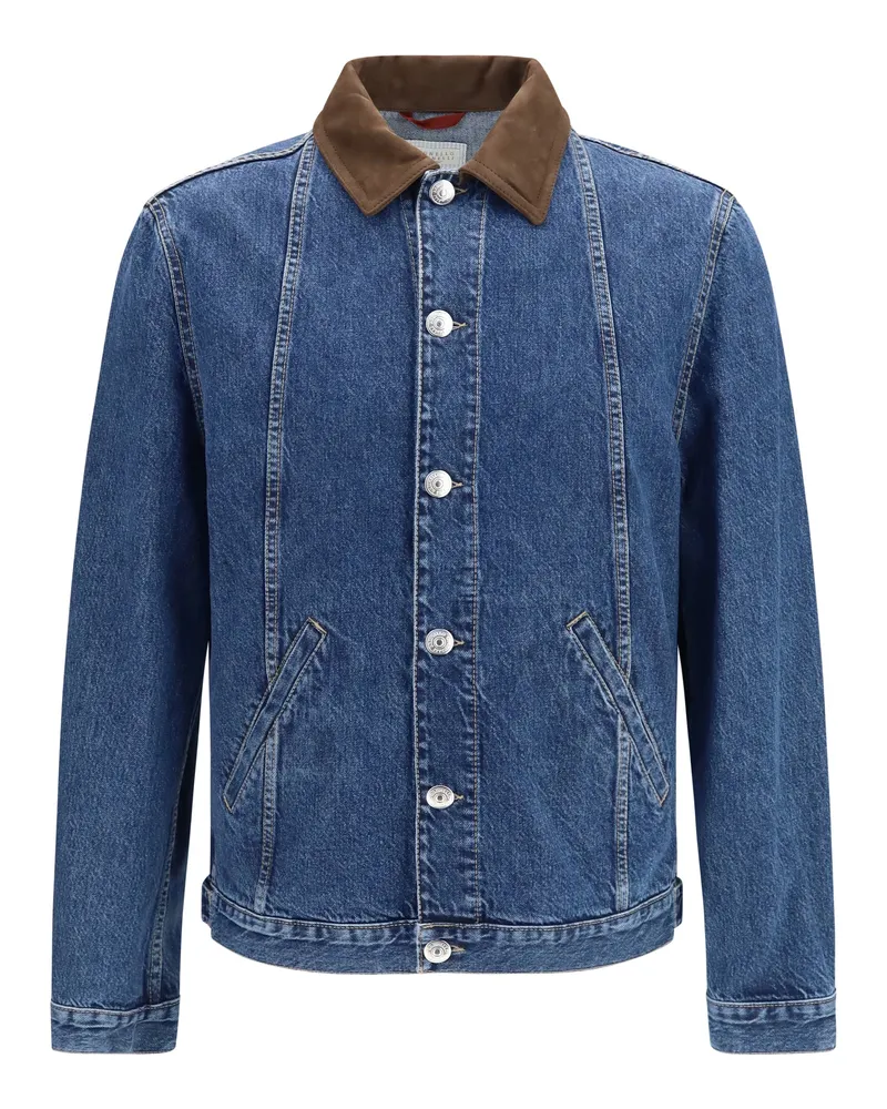 Brunello Cucinelli Suede Collar Denim Jacket — Blue Blue