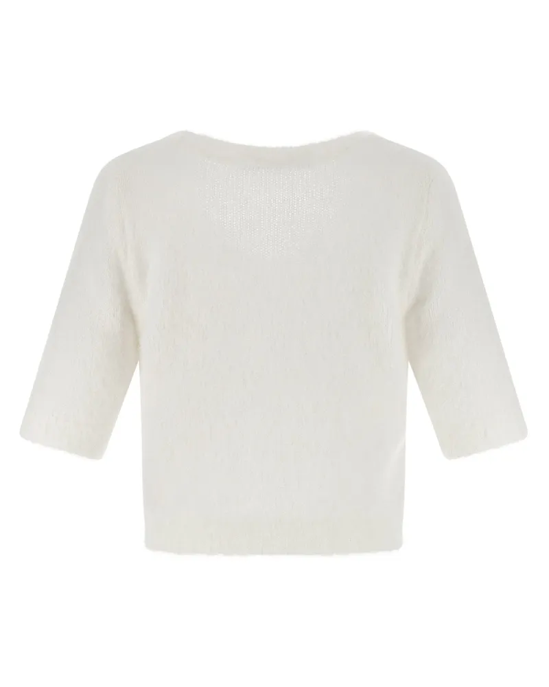 Alessandra Rich Carded Mohair with Floral Embroidery Sweater — White Cream