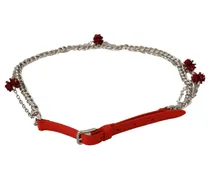 Women's Red Leather Roses Floral Silver Waist Belt Brass