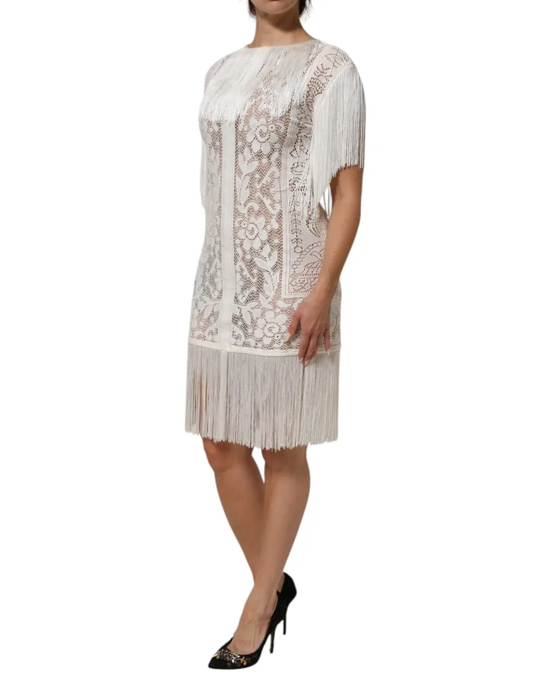 Dolce & Gabbana Women White Floral Lace Fringe Knee Length Dress Co+pa White