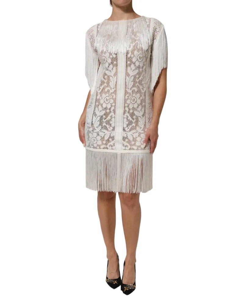 Dolce & Gabbana Floral Lace with Fringe Trim Dress — White White
