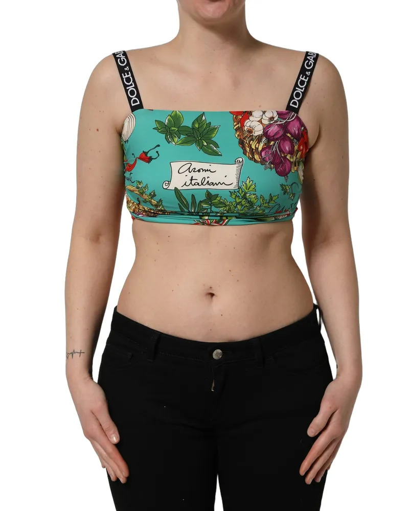 Dolce & Gabbana Women's Turquoise Vegetable Print Silk Crop Tank Top Elastane Turquoise