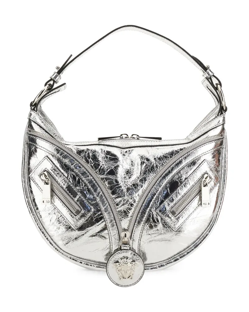 Versace Women's Repeat Small Hobo Bag Silver Lambskin Shoulder Silver