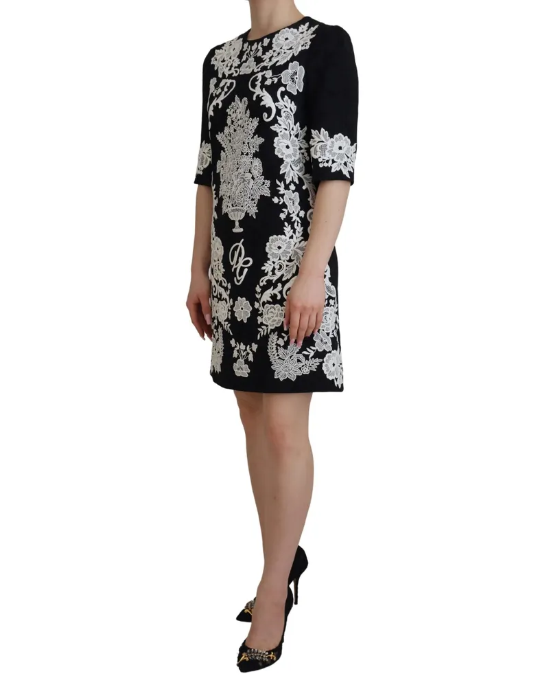 Dolce & Gabbana Women's Black Lace Trim Half Sleeves A-Line Dress Black