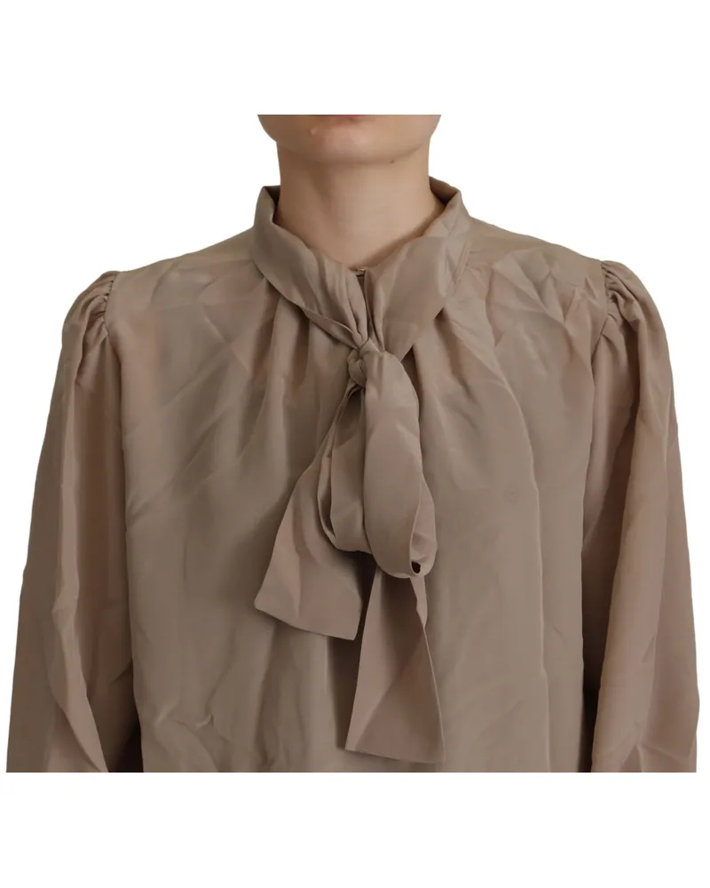 Dolce & Gabbana Women's Brown Waistband Sleeves Ascot Collar Top Blouse Silk Brown