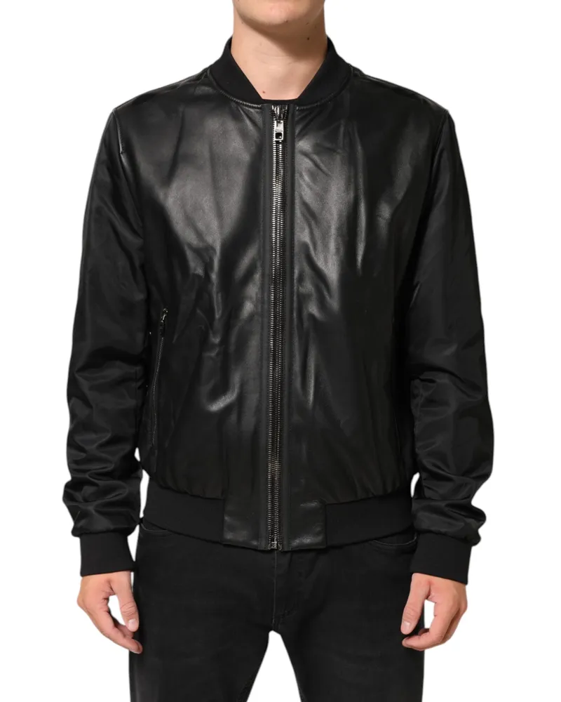 Dolce & Gabbana Men's Black Leather Nylon Fullzip Blouson Jacket Pa+lamb Clothing Black