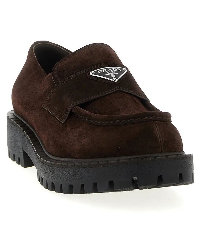Prada Suede with Enameled Logo Loafers — Brown Brown