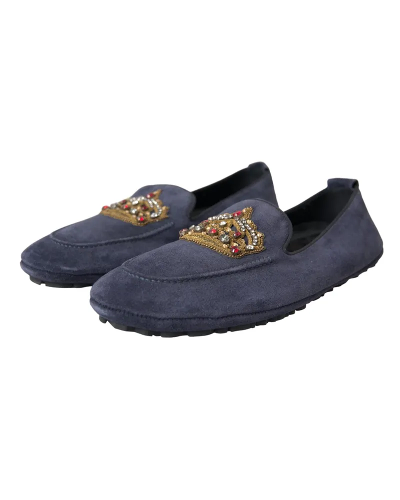 Dolce & Gabbana Men's Blue Leather Suede Crystal Crown Loafers Shoes Calf Blue